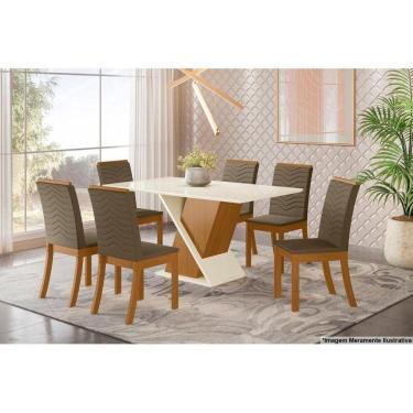 Imagem de Sala De Jantar Completa Tampo Madeirado 160Cm + 6 Cadeiras Isa Nature/Veludo Light Bege Vanilla