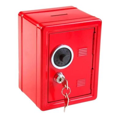 Imagem de Cofre Metal Portatil Trava Secreta Moedas Documentos Cofrinho Vermelho