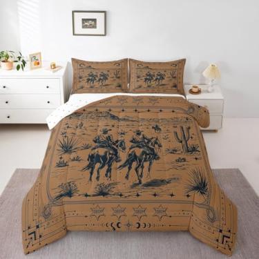 Imagem de Manfei Jogo de cama solteiro com estampa de caubói ocidental, 2 peças, cacto do deserto do oeste, com desenho de ferraduras, edredom de plumas, 1 fronha, sem lençol