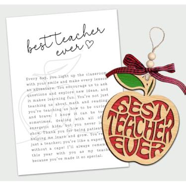 Imagem de Enfeite de maçã - Cartão de história Best Teacher Ever - Maçã de madeira com design de camada vermelha - símbolo de gratidão, apreciação e alegria - lembrança emocionante em homenagem a educadores