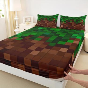 Imagem de Jogo de cama Sandbox Pixelated infantil, solteiro, patchwork, videogame, para meninos e meninas, decoração de quarto simples, verde escuro, 1 fronha (Sem plano)