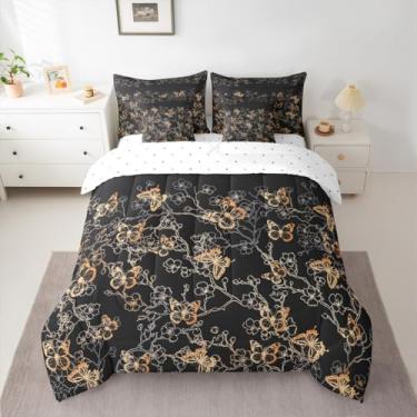 Imagem de Feelyou Jogo de cama Queen com estampa de borboleta, 7 peças, lençol com estampa de flor de cerejeira, dourado, lindas borboletas, para decoração de quarto, microfibra leve e macia