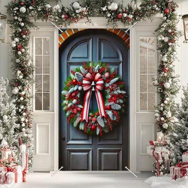Imagem de BlissYard Capa de porta de Natal, faixa de grinalda de 89 x 188 cm, laço vermelho, enfeite de pinha, decoração de férias, pano de fundo festivo para pendurar na parede, decoração de varanda sazonal