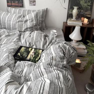 Imagem de mixinni Conjunto de edredom vintage listrado cinza e branco tamanho king - conjunto de cama neutro de 3 peças de algodão lavado macio, padrão geométrico retrô, respirável e fofo para todas as estações