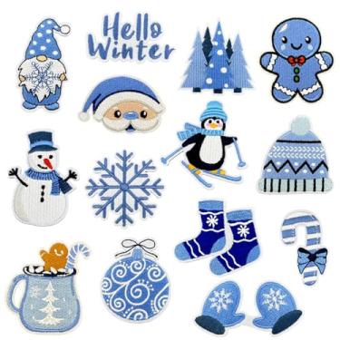 Imagem de 14 peças de adesivos de Natal com aplique de Natal azul para reparo, flocos de neve, boneco de neve, Papai Noel, costurar, bordado, férias, inverno, acessórios artesanais para roupas e chapéus