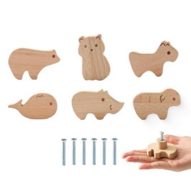 Imagem de Maçanetas de gaveta de madeira Mamimami Home Animal, 6 unidades com pa