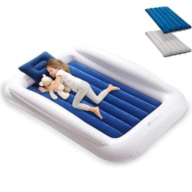 Imagem de Cama de viagem Todder, cama infantil inflável portátil para crianças | Colchão de ar infantil | Cama de viagem infantil | Colchão de soprar infantil com laterais, ideia para festas do pijama, azul marinho e cinza