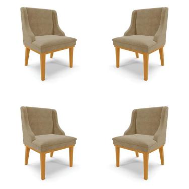 Imagem de Kit 4 Cadeiras Decorativas Sala De Jantar Base Fixa De Madeira Firenze Suede Nude/castanho