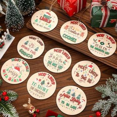 Imagem de Threehoney 9 peças de enfeites de Natal com maior probabilidade de 10,16 cm, decoração de madeira redonda para família, Natal, doce, papai noel, pão de gengibre, pingente de madeira com corda para