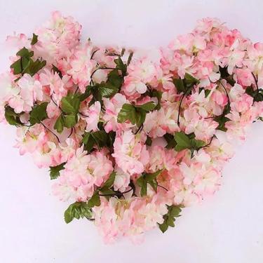 Imagem de 1 guirlanda de vime artificial de 235 cm com flores de cerejeira para pendurar adorável flor falsa planta folha de videira para festa em casa, jardim, cerca, Natal, casamento, decoração (rosa)