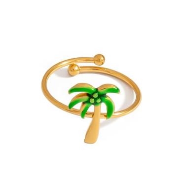 Imagem de Lindo anel de empilhamento de palmeira para mulheres, banhado a ouro 14 k, envoltório aberto, palmeira de coco para férias, aliança fina e delicada, ajustável, moderno, ajuste confortável, berloque de