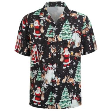 Imagem de Regenboog Camisa masculina patriótica de 4 de julho, estampa da bandeira dos EUA, camisa de botão de manga curta, camiseta masculina havaiana neon divertida de praia, Natal preto, GG