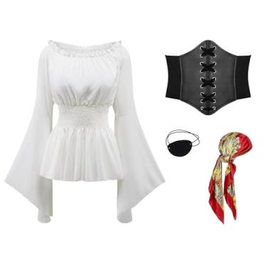 Imagem de 4 peças de fantasia de pirata feminina - inclui camisa renascentista feminina, espartilho pirata bandana - roupa de cosplay de carnaval de Halloween (branco, G)
