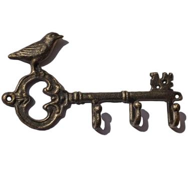 Imagem de IRISVITA Gancho de chave para decoração de casa, porta-chaves vintage de ferro fundido de bronze com 3 ganchos - Arte de parede de pássaro antigo para organizar chaves