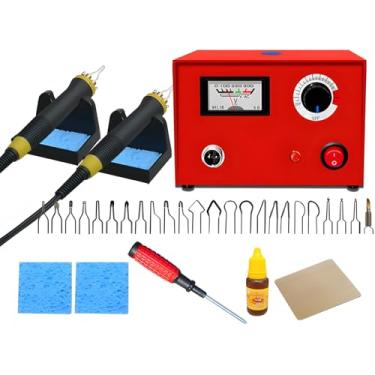Imagem de Conjunto completo de queima de madeira, temperatura ajustável de 50 W com visor digital, canetas duplas, 20 pontas, fatias de madeira e ferramentas para projetos de artesanato de couro, madeira e cuia