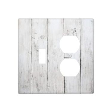 Imagem de Wmhusu Placa de cobertura para interruptor de luz, placa de madeira branca rústica, vintage, 2 gangs, placas decorativas para interruptores, 1 conjunto de interruptores duplex, capas de tomada GFCI