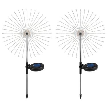 Imagem de Luzes solares para gramado ao ar livre, pacote com 2 lâmpadas de dente-de-leão de fio de cobre, à prova d'água com poste de aço inoxidável, 150 LEDs, efeito de fogos de artifício de 4 cores