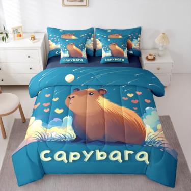Imagem de Erosebridal Conjunto de edredom solteiro de capivara de desenho animado com lençóis, céu estrelado, galáxia, 7 peças, estampa de animais roedores, cama em uma bolsa, decoração de animais selvagens