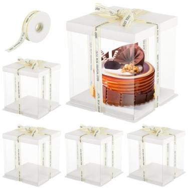 Imagem de 5 caixas de bolo transparentes com fita de cetim de 4,5 m, caixas de exibição de bolo transparentes de 21 x 21 cm, caixas de presente portáteis com tampa para casamentos e aniversários