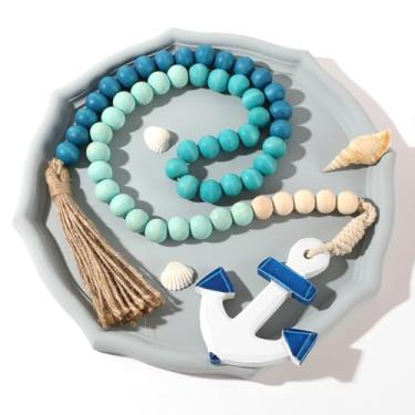 Imagem de Bandeja octogonal com guirlanda de contas de madeira com âncora de navio - Bandejas decorativas de fazenda boho com guirlanda de estilo náutico artesanal para mesa de café, bancada de banheiro, centro