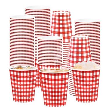 Imagem de 100 peças de copos de papel guingão vermelho 255 g vermelho e branco xadrez xadrez búfalo copos descartáveis de Natal quente e frio para piquenique, churrasco, feriado, festa de aniversário