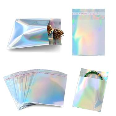 Imagem de FAZHBARY Envelopes holográficos autovedantes, 100 peças, 4 x 12 cm, adesivos com glitter, sacos de guloseimas para embalagem de amostras, suprimentos de festa