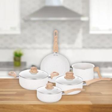 Imagem de Conjunto Panelas 5 Pçs Indução Cerâmica 3,7mm Tampa Vidro Bege