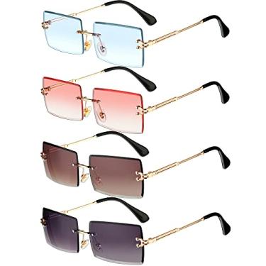 Imagem de Frienda 4 pares de óculos de sol retangulares sem aro sem moldura, óculos quadrados vintage transparentes para mulheres e homens, Cores fofas, One Size