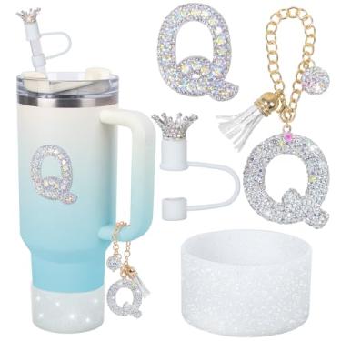 Imagem de LA KEN DU Berloques de letras para alça de copo Stanley, acessórios de bota de silicone para Stanley Cup 1,134 g 850 g, cobertura de palha de coroa e adesivo de diamante (Q)
