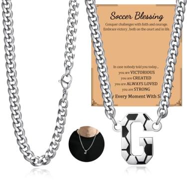 Imagem de NUKAYAI Colar de futebol com letra A a Z para homens, pingente de pingente de aço inoxidável, corrente de prata, acessórios de joias, material de 50,8 cm, colares personalizados, presentes de futebol