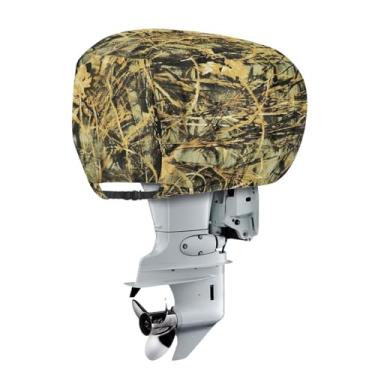 Imagem de Wiryuouvt Capa de motor de barco camuflada Forest Hunting com saída de exaustão à prova d'água meia capa de motor de popa com alça elástica Capa universal para motor de barco 600D para motor 10-25 HP