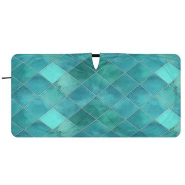 Imagem de Blueangle Para-brisa xadrez geométrico azul-petróleo aquarela - 149.9 cm x 76.2 cm dobrável carro janela frontal blocos guarda-sol raios UV viseira de sol (965)