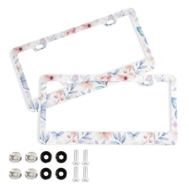 Imagem de SEHANY Molduras de placa de licença de flores florais coloridas, capas de moldura de placa de carro de alumínio à prova de ferrugem com orifícios elípticos e parafusos serve para veículos padrão dos