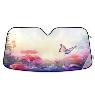 Imagem de ATTX Para-brisa de carro de borboletas cor-de-rosa 139.7 cm x 70.1 cm escudo solar universal com proteção UV, persiana de janela frontal automática dobrável para caminhões Sedans SUVs #847