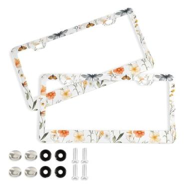 Imagem de SEHANY Molduras de placa de licença de flores florais coloridas, capas de moldura de placa de carro de alumínio à prova de ferrugem com orifícios elípticos e parafusos serve para veículos padrão dos