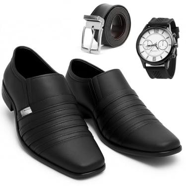 Imagem de Sapato Social Masculino Italiano Couro com Tiras Decorativas, Preto, Solado Borracha, Estilo Clássico Formal (Sapato + Cinto + Relógio, BR, Adulto, Numérico, 43)