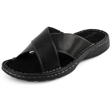 Imagem de TIESTRA Sandálias masculinas de couro Napa, sandálias sociais macias com palmilha de espuma viscoelástica, confortável e leve para o verão, praia, uso interno e externo, calçado casual, Preto, 45