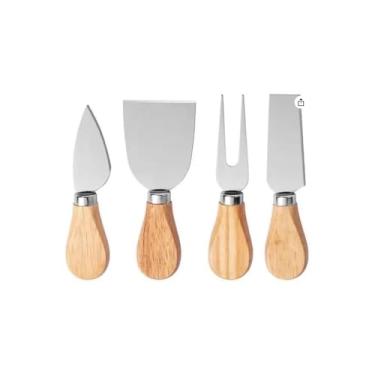 Imagem de Kit de Corte para Queijos com 4 Peças, Aço Inox e MDF, Conjunto com 2 Facas, 1 Espátula e 1 Garfo, Ideal para Degustação e Servir Petiscos