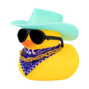Imagem de wonuu Decoração de painel de carro chapéu de cowboy pato de borracha, ornamentos de patos de carro com mini chapéu colorido colar lenço de sol (azul)