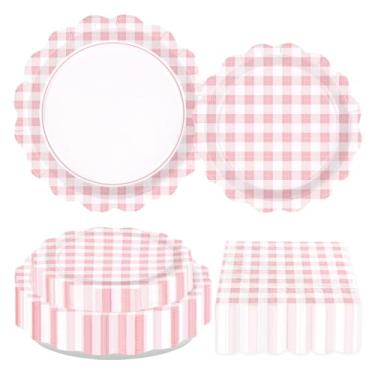 Imagem de Greencian 200 Pcs Light Pink Gingham Party Supplies White and Pink Scalloped Checkered Plates and Napkins Checkered Tableware Set for Birthday Family Fall Picnic Barbecue Party Supplies, Serves 50