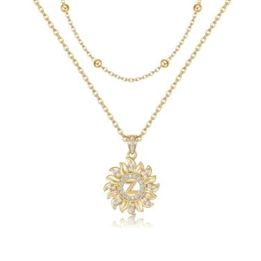 Imagem de MEIITRUE Colar com inicial de girassol para mulheres, moderno, banhado a ouro 14 k, delicado, em camadas, com pingente de letra e corrente de contas, zircônia redonda, alfabetos, joias, presentes para