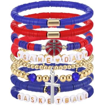 Imagem de Landical 8 pulseiras de basquete para o dia do jogo, pulseiras elásticas com contas de argila Heishi, acessórios de basquete, mamãe, joias, presentes, Contas de disco de argila de polímero, metal