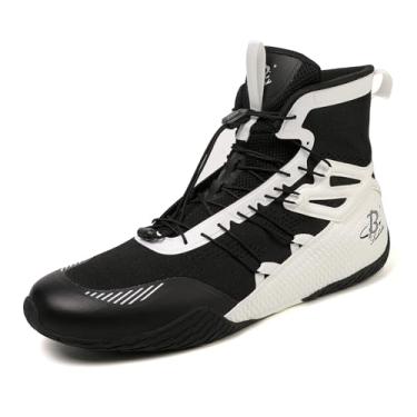 Imagem de B LUCK SHOE Tênis de boxe masculino, leve, de cano alto, com cordão – Calçado de ginástica de suporte para lutadores LS508, Preto/branco, 44