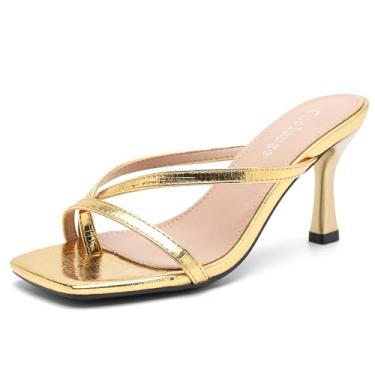 Imagem de Enelauge Sandálias femininas de salto baixo com tiras de salto baixo chinelos mules bico aberto na moda sandália de salto tanga sem cadarço casamento festa vestido sapatos, Dourado, 38