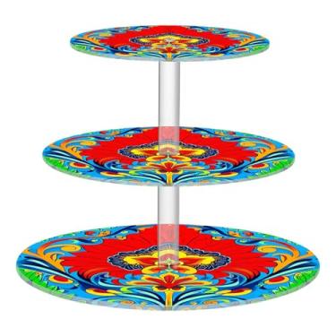 Imagem de CEBUGI Suporte de cupcake de 3 camadas, padrão vibrante, redondo, suporte de bolo, bandeja de servir em camadas de acrílico para festas de chá, chá de bebê, casamento e mais