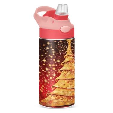 Imagem de YETTASBIN Garrafa de água de árvore de Natal dourada para crianças, 340 g à prova de vazamento, parede dupla, isolada, copo de viagem com tampa de canudo para meninas, meninos e crianças