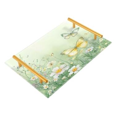 Imagem de Wassud Bandeja de banheiro de flores silvestres e borboletas com alças, organizador de perfume de joias de acrílico para banheiro, quarto, cozinha, balcão de 30 x 20 cm