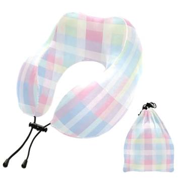 Imagem de CEBUGI Travesseiros de viagem portáteis em forma de U, travesseiro de pescoço de espuma viscoelástica com trava de corda ajustável para avião, viagem, trem, negócios, escritório, cochilo (tabuleiro de