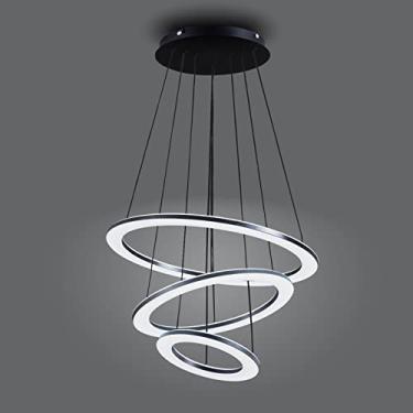 Imagem de Lustre LED moderno, luminária pendente preta de 56W com 3 anéis, ideal para ambientes internos como sala de jantar, quarto e hall de entrada. Possui cabo ajustável de aço inoxidável de 120cm