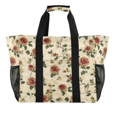 Imagem de Wassud Sacolas de compras reutilizáveis florais vintage grande bolsa organizadora de lona impermeável para praia, piquenique, lavanderia, viagem